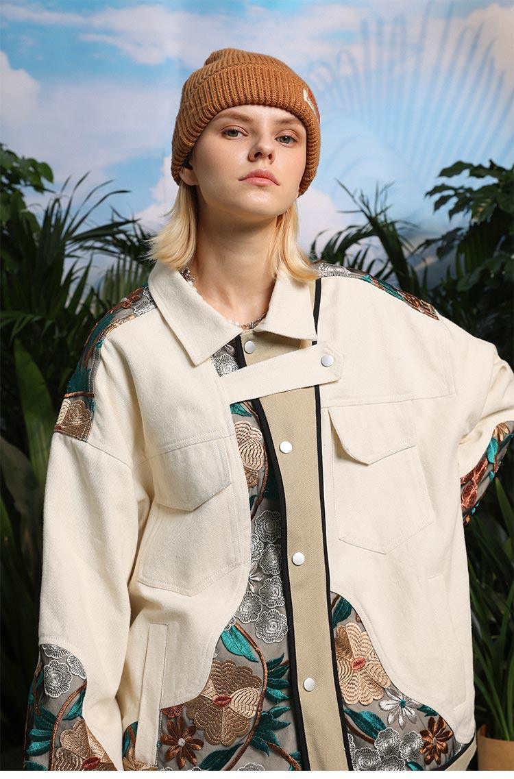Makersluxe® - Floral Embroidered Beige Jacket