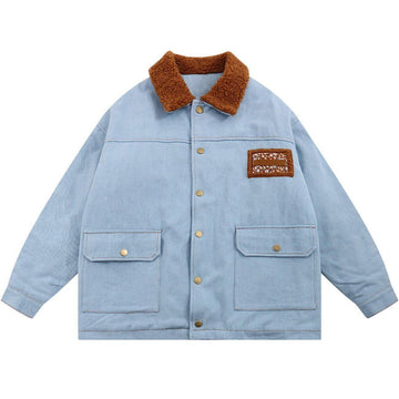 Makersluxe® - Floral Stitching Polo Collar Denim Winter Coat