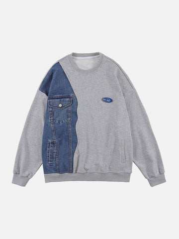 Makersluxe® - Front Pocket Denim Patchwork Sweatshirt