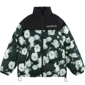 Makersluxe® - Full White Rose Print Winter Coat