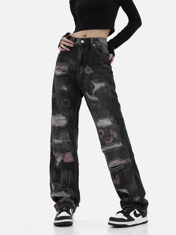 Makersluxe® - Graffiti Embroidered Ripped Jeans