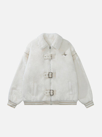 Makersluxe® - Leather Buckle Four Star Sherpa Coat