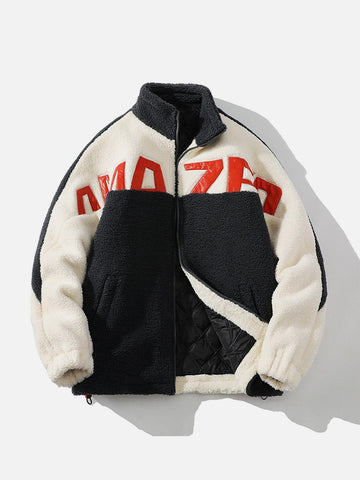 Makersluxe® - Leather Letters Patchwork Sherpa Coat