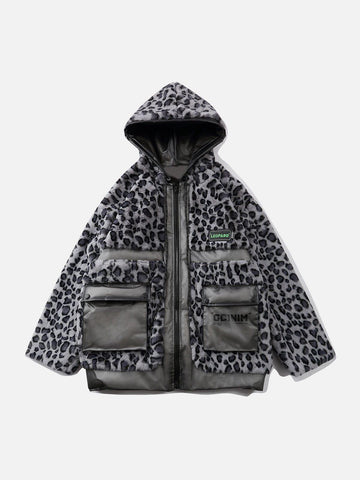 Makersluxe® - Leopard Plush Stitching Transparent PU Winter Coat