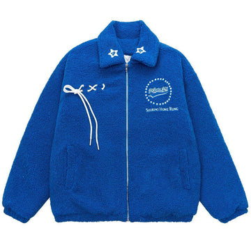 Makersluxe® - Letter Embroidery Solid Color Sherpa Winter Coat