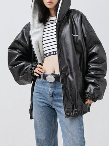 Makersluxe® - Letter Print Leather Jacket