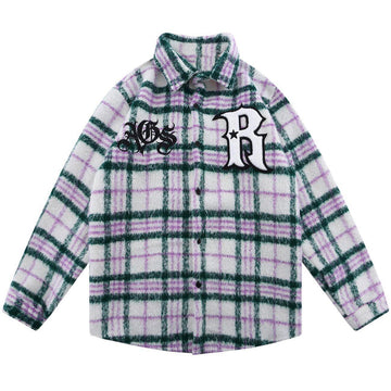 Makersluxe® - Letter Towel Embroidery Lattice Long-sleeved Shirt