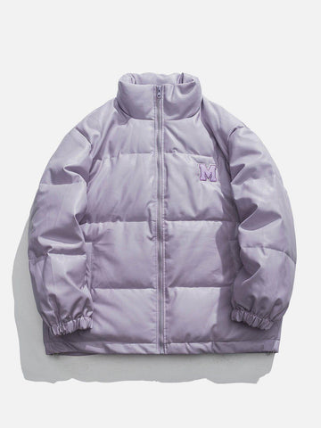 Makersluxe® - M Patch Embroidery Solid Leather Jacket