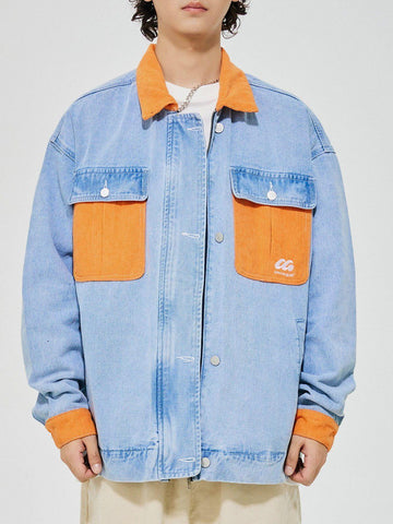 Makersluxe® - Orange Corduroy Patchwork Denim Jacket