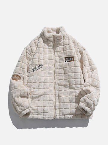 Makersluxe® - Plaid Embroidery Sherpa Winter Coat