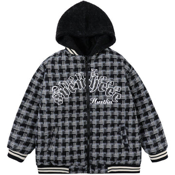 Makersluxe® - Plaid Patchwork Embroidery Hooded Winter Coat