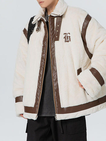 Makersluxe® - PU Leather Patchwork Sherpa Coat