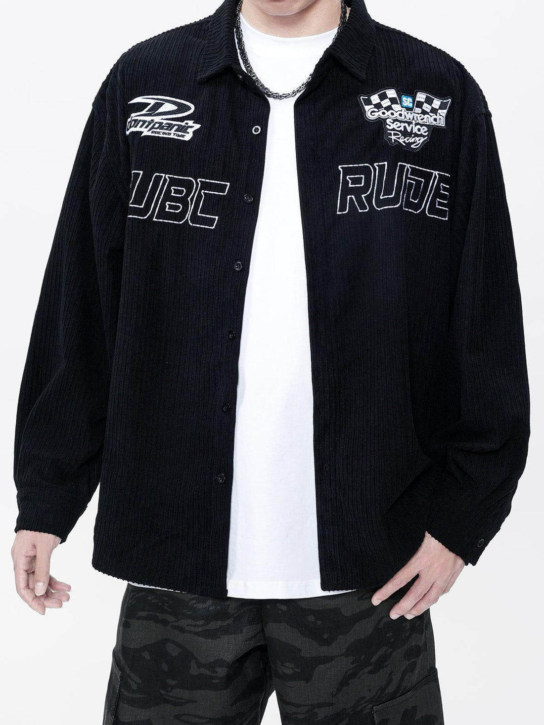 Sneakerland® - Racing Embroidered Corduroy Shacket