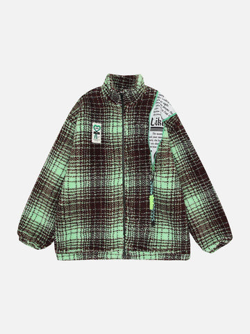 Makersluxe® - Retro Patchwork Plaid Stand Collar Sherpa Coat