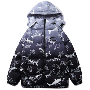 Makersluxe® - Shark Full Print Hood Puffer Jacket