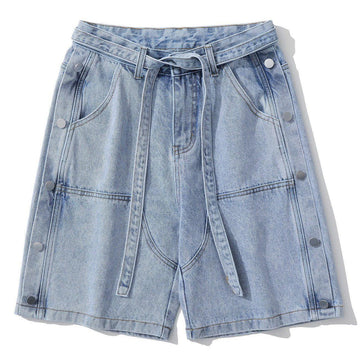 Makersluxe® - Side Button Straps Denim Shorts