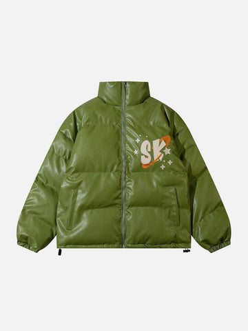 Makersluxe® - SK Letter Embroidery PU Winter Coat