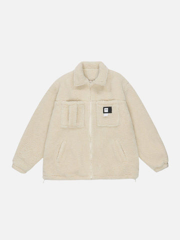 Makersluxe® - Solid Color Multi-pocket Label Sherpa Winter Coat