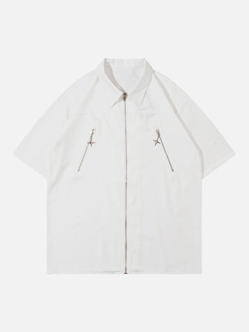 Makersluxe® - Solid Color Zip Up Short Sleeve Shirt