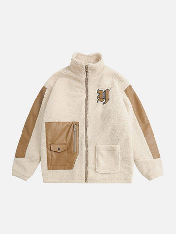 Makersluxe® - Stand Collar PU Panel Sherpa Winter Coat