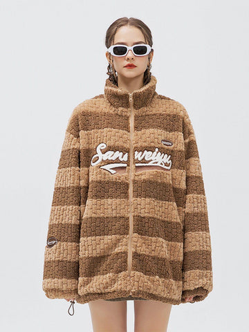 Makersluxe® - Stripe Flocked Letters Sherpa Coat
