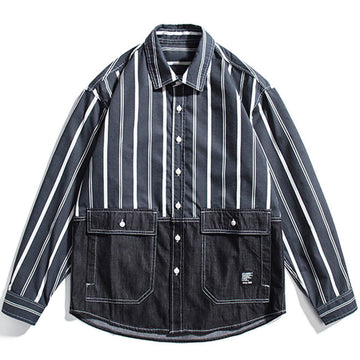 Makersluxe® - Stripe Splicing Denim Long-sleeved Shirt