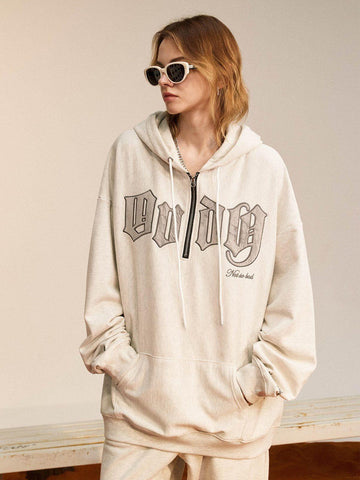 Makersluxe® - Vintage Curved Patch Embroidered Half-Zip Hoodie