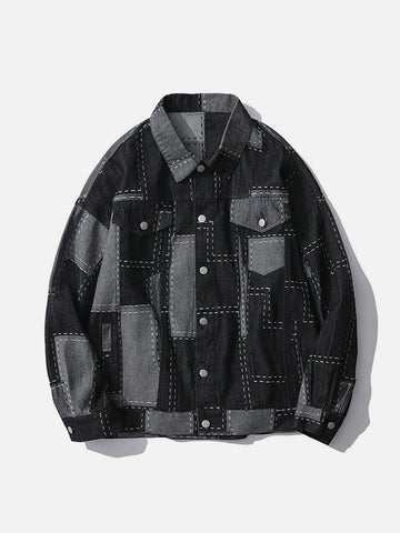 Makersluxe® - Vintage Irregular Stitching Plaid Denim Jacket