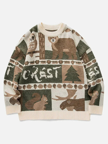 Makersluxe® - Vintage Owl Bear Print Knitted Sweater