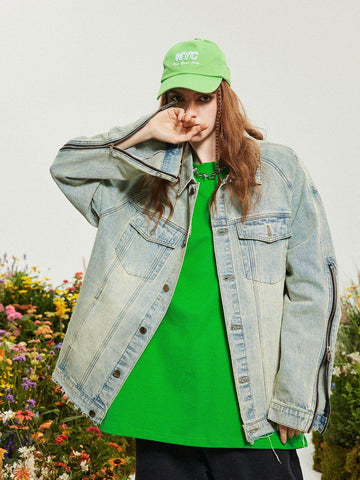 Makersluxe® - Washed Design Zip Denim Jacket