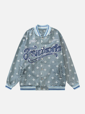 Makersluxe® - Washed Distressed Letters Varsity Jacket
