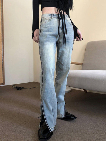 Makersluxe® - ZIP UP Patchwork High Rise Straight Leg Jeans
