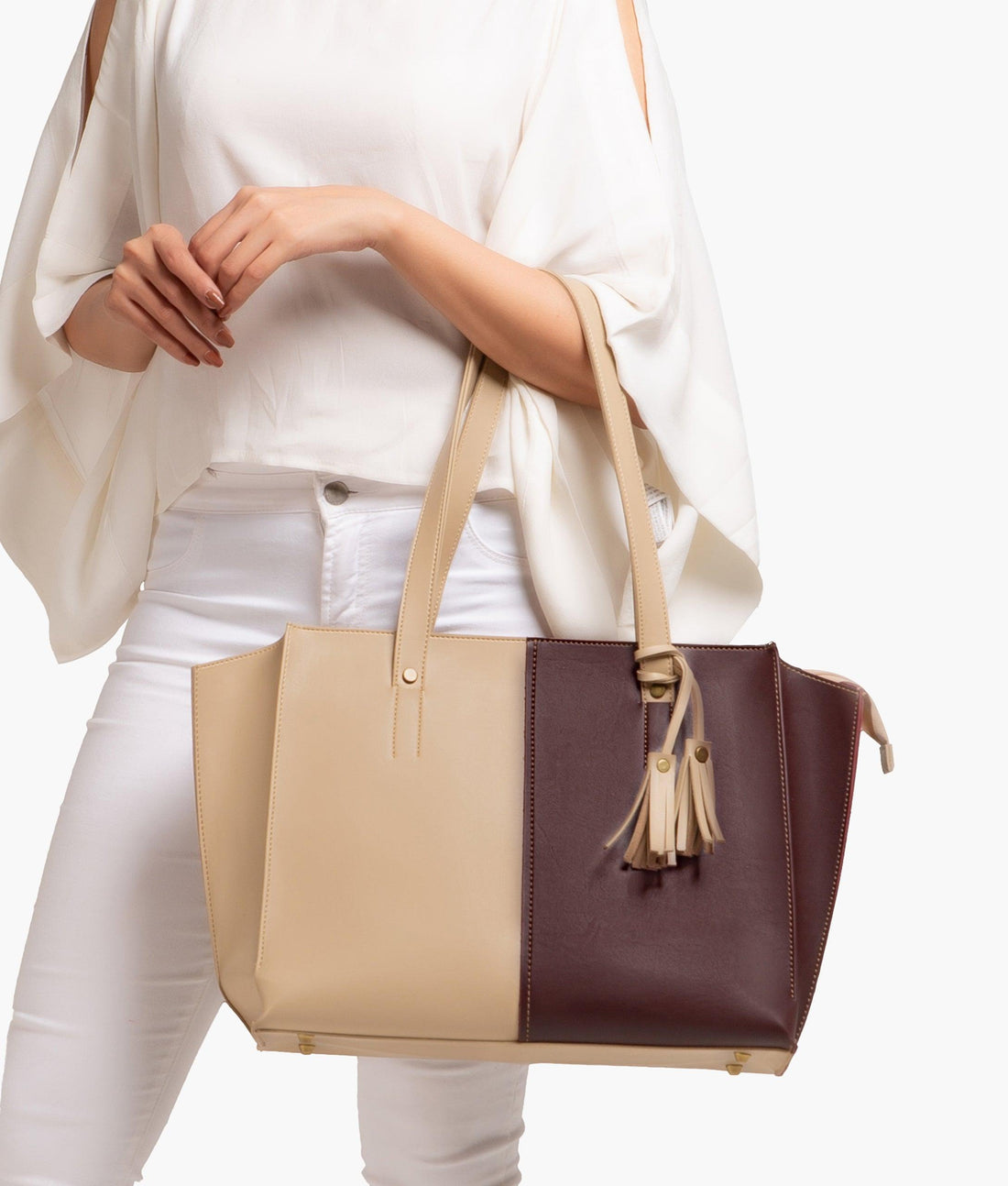 Off-white and burgundy over the shoulder tote bag