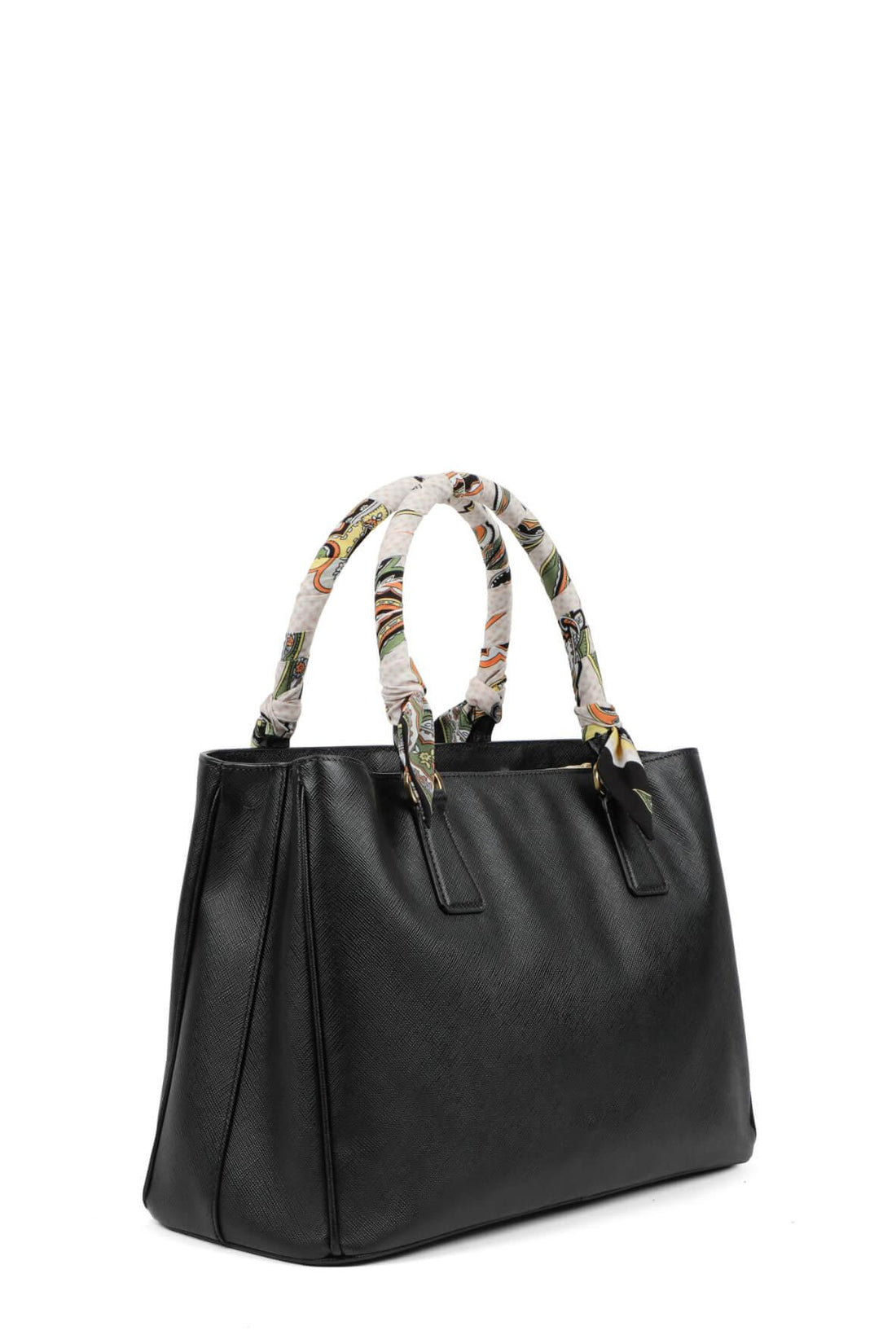 Medium Saffiano Lux Single Zip Tote Black with Handle Wraps