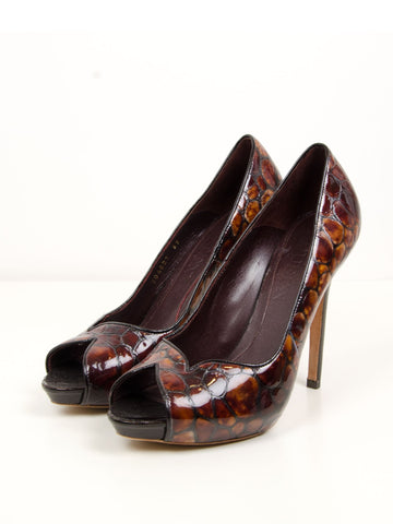 Embossed Leather Peep Toe Pumps