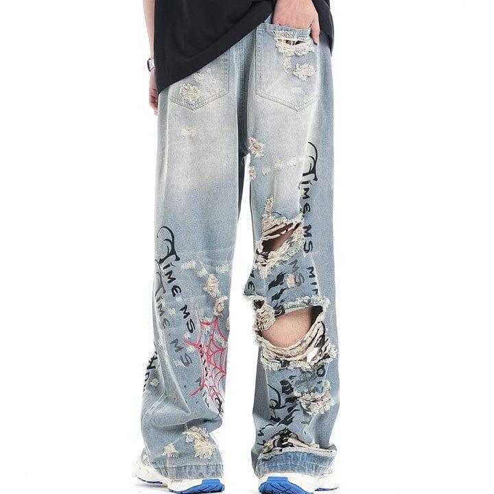 Makersluxe® Light Blue Ripped Jeans Spider Web