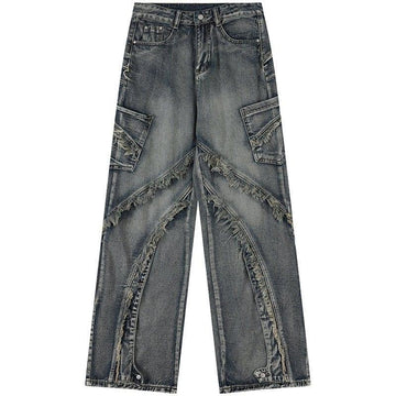 Makersluxe® Baggy Ripped Cargo Jeans Fringed
