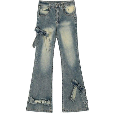 Makersluxe® Women High Waist Flared Jeans with Bow Tie