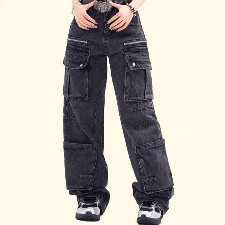 Makersluxe® Black Cargo Jeans Pleated Pockets