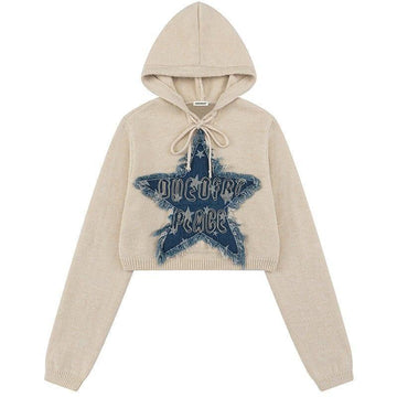 Makersluxe® Women Crop Hooded Sweater Denim Star Patch