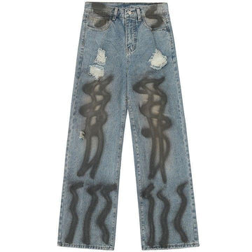 Makersluxe® Baggy Ripped Wide Leg Jeans Black Graffiti