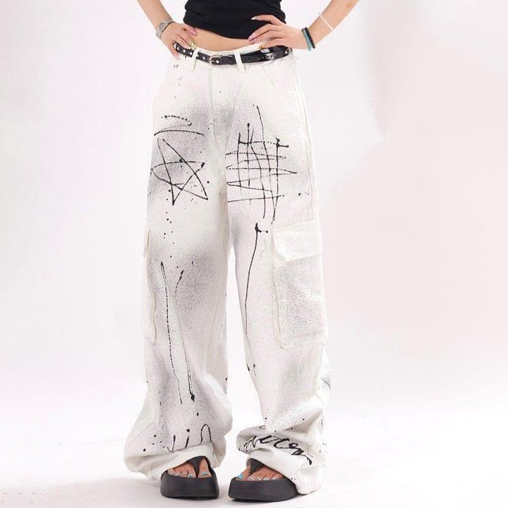 Makersluxe® White Ink Graffiti Cargo Jeans