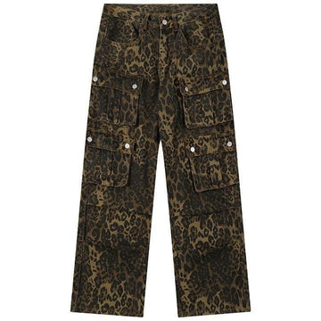 Makersluxe® Leopard Straight Leg Jeans Multiple Pockets