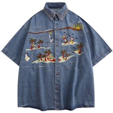 Makersluxe Chic Short Sleeves Denim Shirt Beach Party