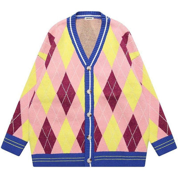 Makersluxe® Cozy Pink Argyle Knit Cardigan Sweater