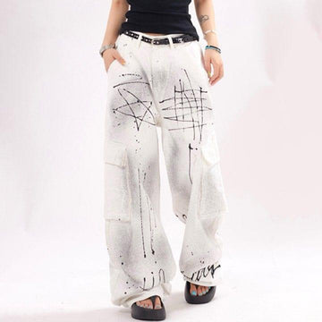 Makersluxe® White Ink Graffiti Cargo Jeans