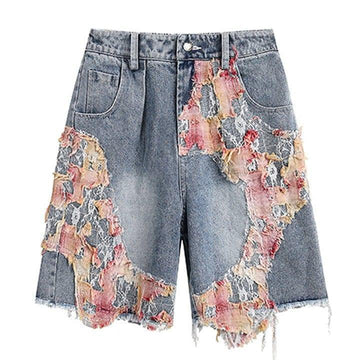 Makersluxe® Washed Denim Shorts Colorful Patch