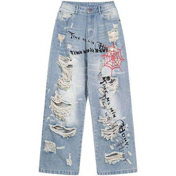 Makersluxe® Light Blue Ripped Jeans Spider Web