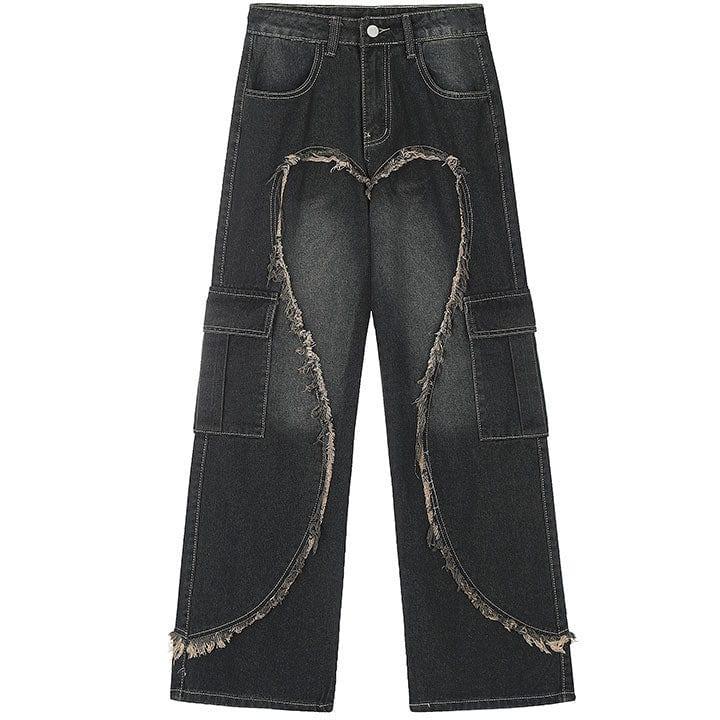 Makersluxe® Patchwork Fringe Heart Wide Leg Jeans