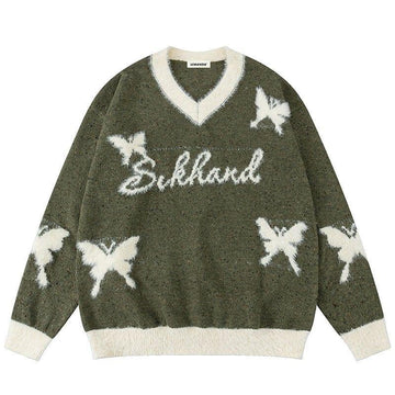 Makersluxe® Fleece V-Neck Knit Sweater Butterfly
